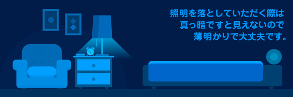 照明を落としていただく際は真っ暗ですと見えないので薄明かりで大丈夫です。