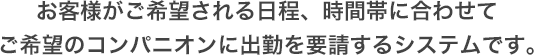 お客様がご希望される日程、時間帯に合わせてご希望のコンパニオンに出勤を要請するシステムです。